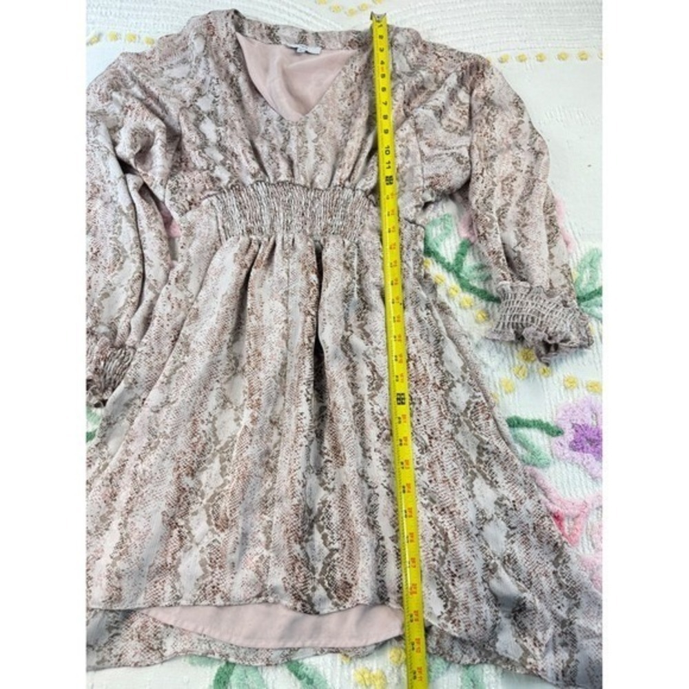 FATE Snake Print V Neck Long Sleeve Smocked Waist Mini Dress Women's Size L - Picture 4 of 10